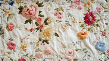 This image showcases a beautifully embroidered floral design on soft fabric. The delicate pastel colors and intricate stitching create an elegant and charming visual suitable for decor or craft projects.の素材