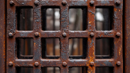 A close-up view of a rusty metal grate featuring a square grid pattern. This detailed image showcases the texture, color, and industrial charm of aged iron, suitable for various design projects.の素材