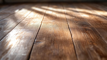A captivating view of rustic wooden floorboards illuminated by sunlight, creating beautiful shadows and adding warmth and texture to any interior space.の素材