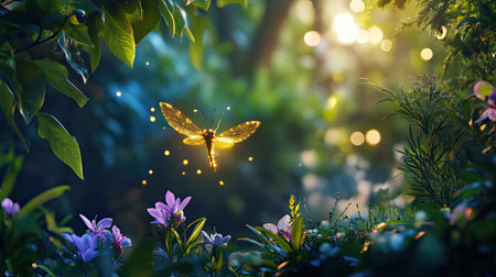 A stunning golden butterfly flutters through a lush green forest, surrounded by vibrant flowers. The enchanting light creates a magic atmosphere of serenity.の素材