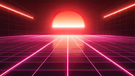 A captivating digital landscape featuring a neon grid under a vibrant sunset. The glowing horizon creates a mesmerizing atmosphere, perfect for futuristic themes.の素材