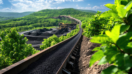Vibrant landscape shows a conveyor belt transporting coal amidst lush greenery and mountains. The scene highlights the intersection of industry and nature.の素材
