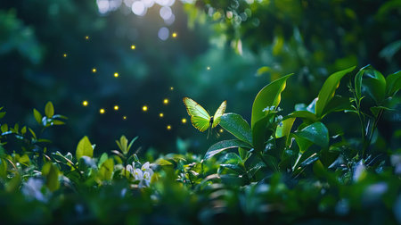 A stunning green butterfly rests gently on vibrant green leaves, capturing the essence of nature's beauty, illuminated by soft sunlight, creating a magical scene.の素材