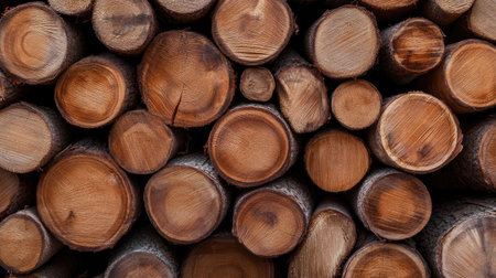 Close-up view of stacked wooden logs displaying natural textures and circles, ideal for rustic decor or nature-themed projects. Emphasizes warmth and organic beauty.の素材