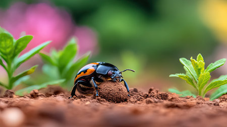 A vivid beetle rolls a small ball of dirt on the ground, surrounded by green plants. This macro shot captures the intricate details of the insect and its natural habitat.の素材