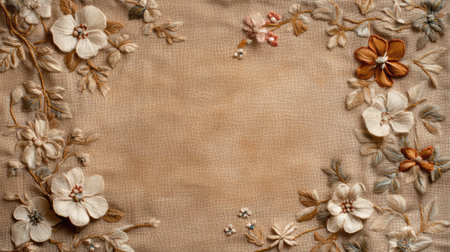 This image features elegant floral embroidery set on a textured background, showcasing intricate details and soft colors, perfect for craft projects or decor inspiration.の素材