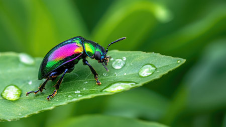 A stunning close-up of a colorful green beetle resting on a leaf adorned with water droplets. The vibrant colors and intricate details showcase the beauty of nature.の素材