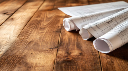 Close-up of rolled architectural blueprints placed on a wooden table, highlighting essential details for design and construction projects, ideal for professionals.の素材