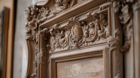 Discover the exquisite details of intricate wooden carvings featuring floral patterns and antique design. Perfect for showcasing craftsmanship and artistry.の素材
