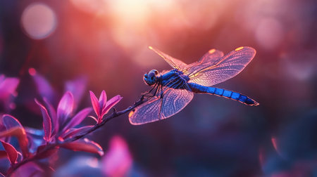 A stunning close-up of a vibrant dragonfly resting gracefully on a branch, illuminated by a soft, glowing background. Perfect for nature enthusiasts.の素材