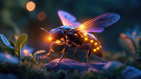 A mesmerizing close-up of a glowing insect with bioluminescent wings, set against a dark forest backdrop. This enchanting scene showcases the beauty of nature and wildlife in a serene environment.の素材