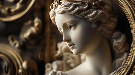This stunning sculpture features an elegant female figure with detailed craftsmanship. Set against a textured background, it highlights beauty and artistry in classical design.の素材
