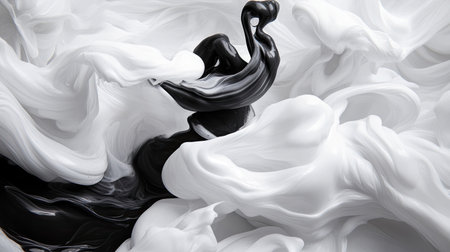 A captivating abstract artwork showcasing swirling black and white paint that creates a dynamic and fluid texture. Perfect for modern design.の素材