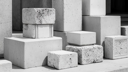 A captivating abstract view of geometric concrete blocks arranged artistically. The monochrome tones highlight texture and form, perfect for modern aesthetics.の素材