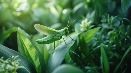 A vibrant green grasshopper perched on a leaf in a lush garden setting. The intricate details of its body and the surrounding foliage create a serene natural scene.の素材