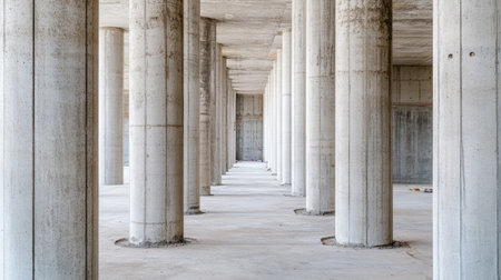 A captivating view of modern concrete architecture showcasing a series of symmetrical columns in an expansive interior space, emphasizing minimalism.の素材