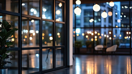 A stylish modern office interior showcasing glass walls, elegant lighting fixtures, and comfortable seating, creating a serene and professional atmosphere.の素材