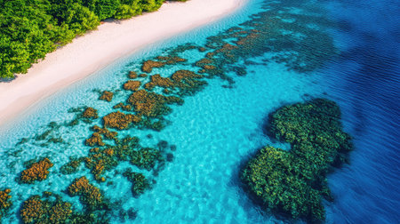 Experience the beauty of a tropical paradise with this stunning aerial view showcasing a vibrant coral reef, sandy beach, and crystal-clear waters in serene shades of blue.の素材