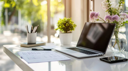 Bright and modern workspace featuring a laptop, flowers, and stationery. Ideal for themes of productivity, creativity, and serene office environments.の素材