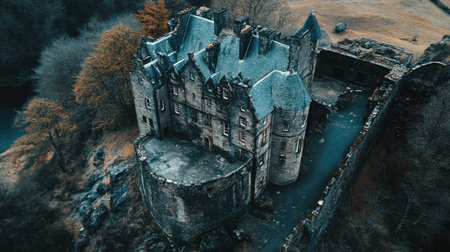 This stunning aerial shot showcases an abandoned stone castle nestled amidst nature, highlighting its intricate architecture and overgrown surroundings.の素材