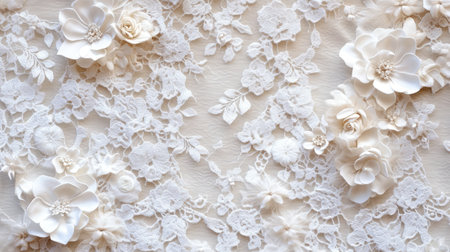 This elegant white lace fabric features intricate floral embellishments, creating a sophisticated and romantic backdrop perfect for bridal and fashion projects.の素材