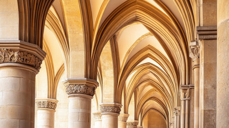This stunning interior features elegant arched architecture with stone columns, warm light, and intricate details, creating a serene and timeless atmosphere.の素材