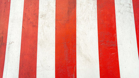 A close-up of a wooden surface featuring horizontal stripes in vibrant red and white. The texture and wear add a rustic charm, ideal for creative projects.の素材