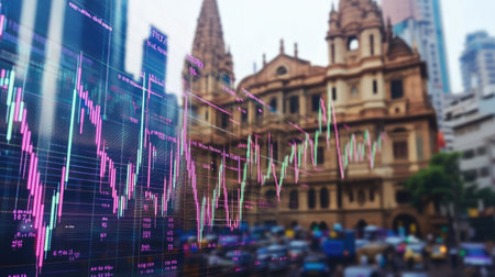 Dynamic stock market data overlays a historic building in an urban environment, showcasing the intersection of finance and architecture in a bustling city.の素材