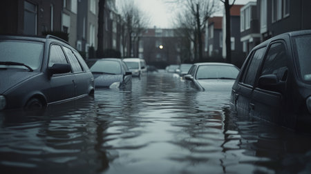 A scene capturing a flooded urban street filled with parked cars during heavy rainfall. Gloomy atmosphere conveys the impact of extreme weather conditions.の素材