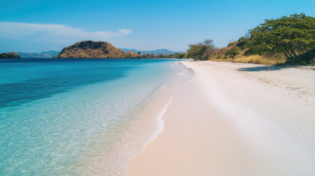 Discover a tranquil tropical beach featuring soft golden sand and crystal-clear waters. This serene landscape invites relaxation and exploration in nature beauty.の素材
