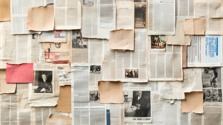 A captivating collage of vintage newspaper clippings showcasing various articles and photographs. This textured background evokes nostalgia and artistic expression.の素材