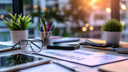 A vibrant modern workspace featuring office supplies, plants, and technology. Perfect for showcasing productivity, organization, and creative thinking in a professional environment.の素材