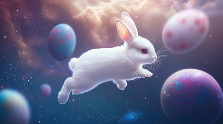 A cute white rabbit gracefully hops among colorful eggs set against a surreal space backdrop. This whimsical scene captures the essence of magic and joy.の素材