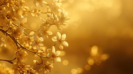 A stunning close-up of golden blossoms set against a dreamy, soft-focused background. This image captures the beauty and warmth of nature's spring bloom.の素材