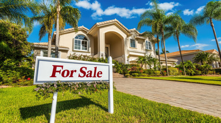 A stunning modern home for sale showcases elegant design and lush landscaping under a beautiful blue sky. This inviting property is perfect for families.の素材