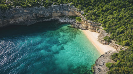 Discover a stunning aerial view of a tranquil beach, where clear turquoise waters meet soft sand, framed by lush greenery and rugged cliffs. Ideal for travel themes.の素材