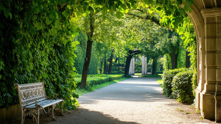 An inviting pathway surrounded by flourishing greenery and vibrant sunlight, showcasing nature's beauty in a peaceful park environment perfect for leisurely strolls.の素材