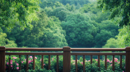 Experience the tranquility of a lush green landscape from a wooden balcony adorned with blooming flowers. Perfect for nature lovers and serene escapes.の素材