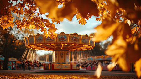 A vibrant autumn scene featuring a carnival ride surrounded by golden leaves captures the essence of seasonal fun and nostalgia in a lively atmosphere.の素材