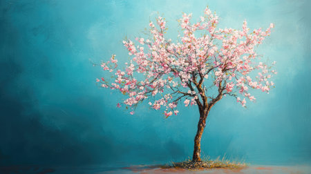 A stunning pink blossom tree stands alone against a bright blue sky, showcasing the beauty of nature in spring. The vibrant colors evoke serenity and artistic expression.の素材