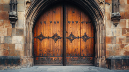 Captivating wooden doors feature intricate metal accents, set within a textured stone wall. This stunning architectural detail embodies vintage charm and craftsmanship.の素材