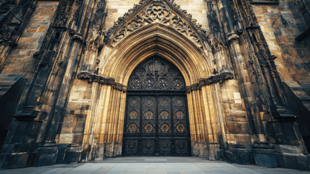 Stunning Gothic archway with intricate designs and detailed stone carvings. A marvel of architecture showcasing historic craftsmanship and cultural heritage.の素材