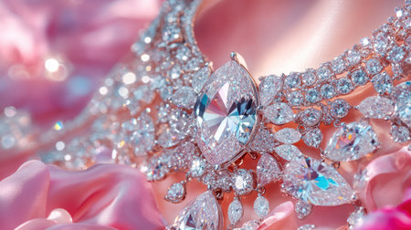 A close-up view of a stunning crystal necklace, radiating luxury and elegance, set against a soft pink fabric background, showcasing intricate details and brilliance.の素材