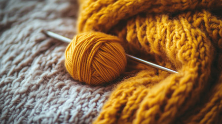 A vibrant yellow yarn ball rests beside a silver needle on a soft, textured blanket. The scene embodies warmth, creativity, and the joy of knitting, inviting cozy moments.の素材