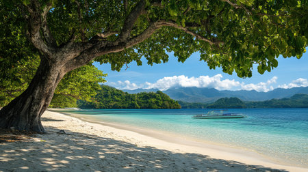 A picturesque tropical beach scene featuring a large tree shading soft sand and inviting clear blue water. Ideal for travel and nature themes.の素材