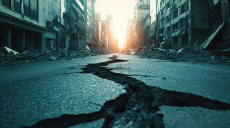 A striking view of a deserted urban landscape showing devastation after an earthquake. Cracked asphalt reveals the depth of destruction, while sunlight breaks through amidst the rubble.の素材