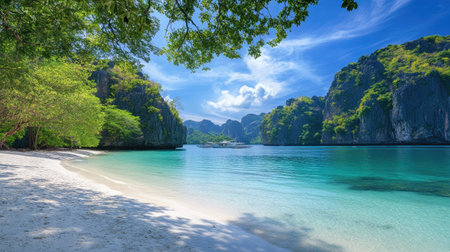 This stunning beach landscape features clear blue waters, lush greenery, and dramatic rock formations, creating a tropical paradise perfect for relaxation and exploration.の素材
