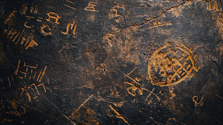 Discover intricate petroglyphs etched into a dark rock surface, showcasing the artistic expression of ancient cultures. This image reflects rich history and heritage.の素材