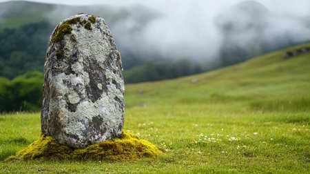 A striking ancient stone monolith stands prominently in a lush green field, surrounded by mist and fog. This serene landscape captures the essence of natural beauty and tranquility.の素材