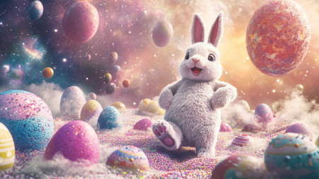 A delightful scene featuring a cute bunny in a vibrant, colorful fantasy landscape filled with sparkling Easter eggs and whimsical planets, embodying joy and magic.の素材